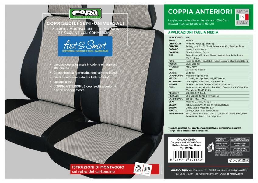 Cora Fast&Smart front seat covers, medium size, grey/black cotton blend fabric