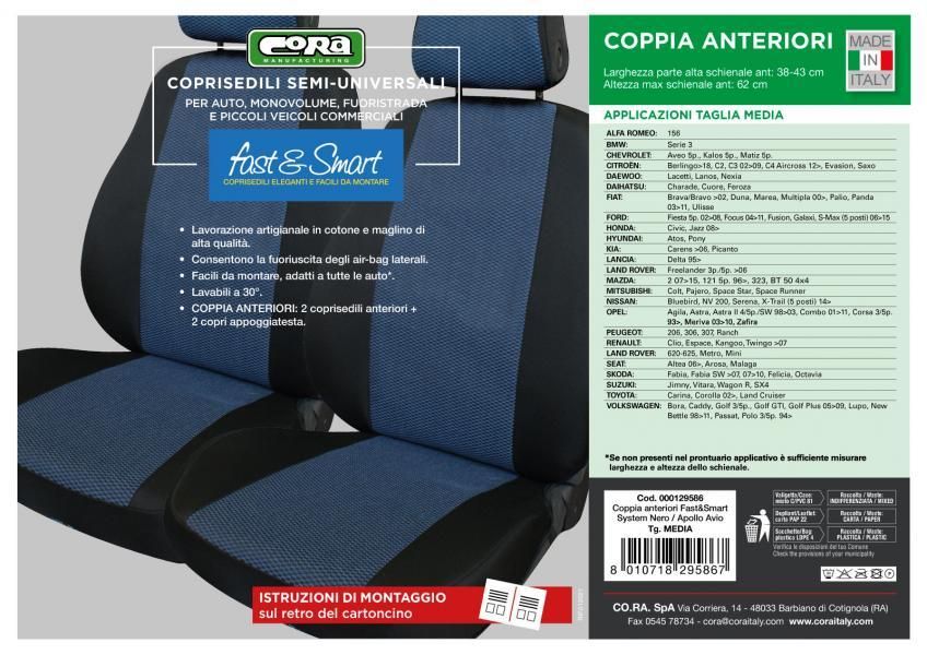 Cora Fast&Smart Vordersitzbezüge, mittlere Größe, Baumwollmischgewebe in Hellblau/Schwarz