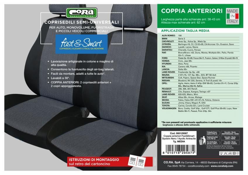 Cora Coprisedili anteriori Fast&Smart tg. media tessuto misto cotone antracite/nero