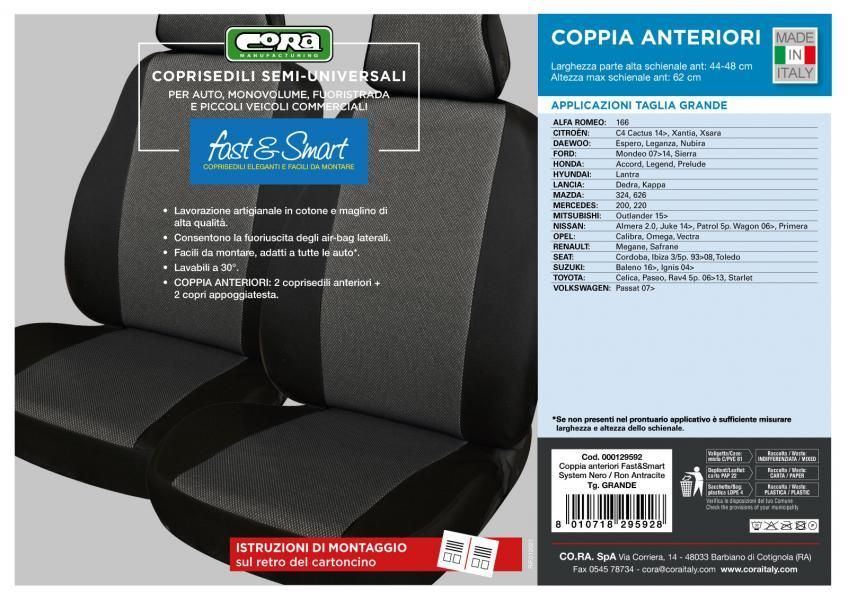 Cora Coprisedili anteriori Fast&Smart tg. grande tessuto misto cotone antracite/nero