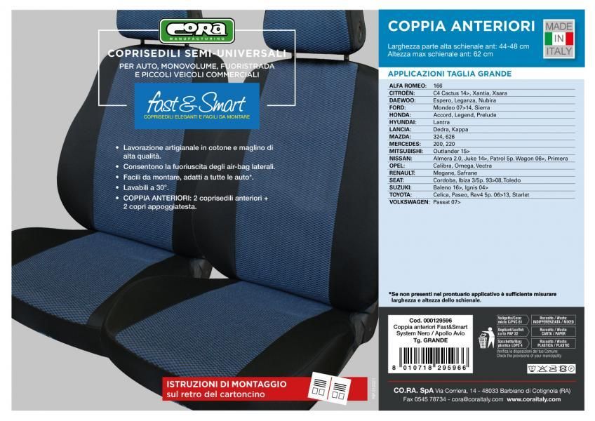 Cora Coprisedili anteriori Fast&Smart tg. grande tessuto misto cotone avio/nero