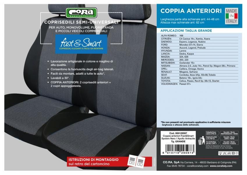 Cora Coprisedili anteriori Fast&Smart tg. grande tessuto misto cotone antracite/nero