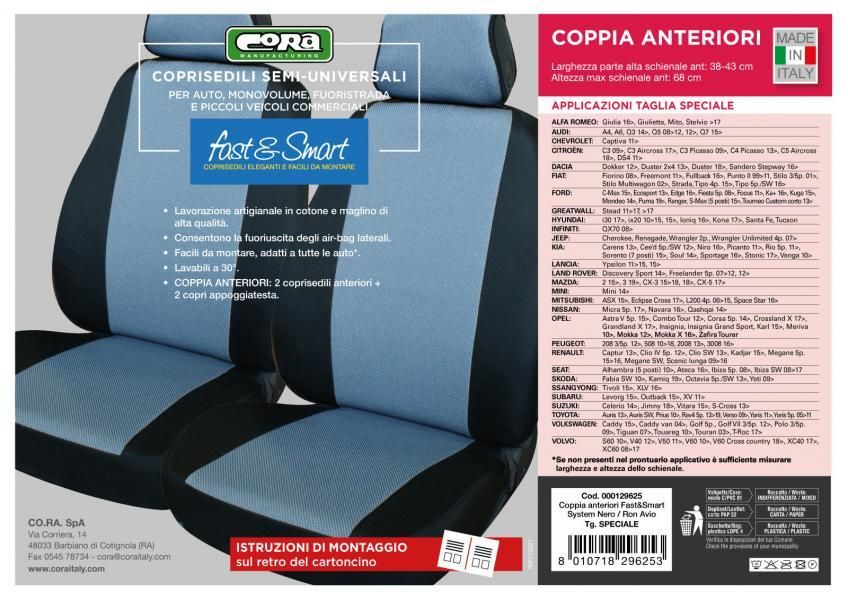 Cora Coprisedili anteriori Fast&Smart tg. speciale tessuto misto cotone avio/nero