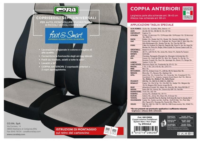 Fundas de asientos delanteros Cora Fast&Smart, tamaño especial, tejido de mezcla de algodón gris/negro