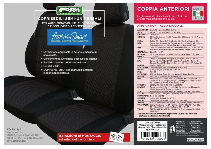 Cora Coprisedili anteriori Fast&Smart tg. speciale tessuto misto cotone antracite/nero