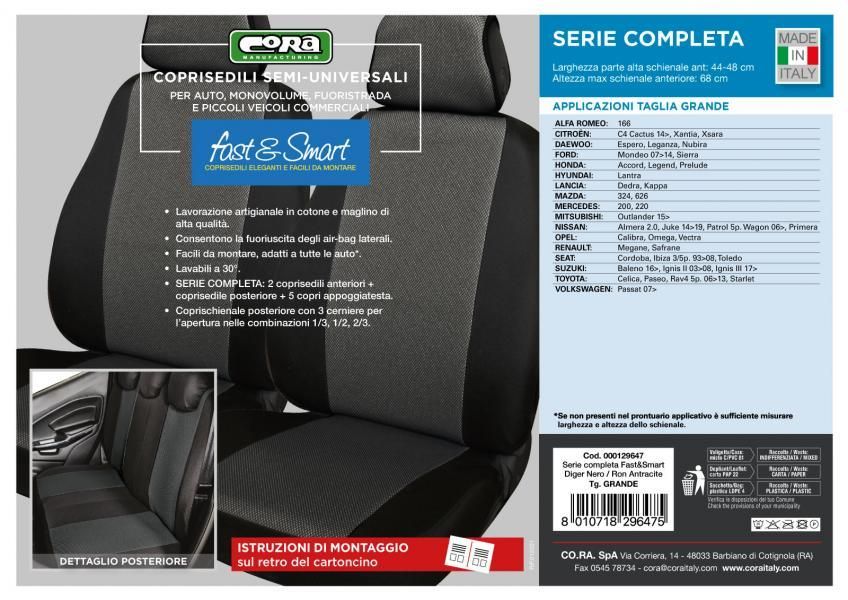 Cora Serie completa coprisedili Fast&Smart tg. grande tessuto misto cotone antracite/nero