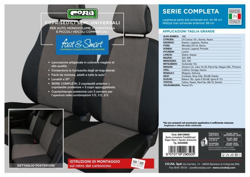 Cora Serie completa de fundas de asiento Fast&Smart, tamaño grande, tejido mezcla de algodón negro/antracita