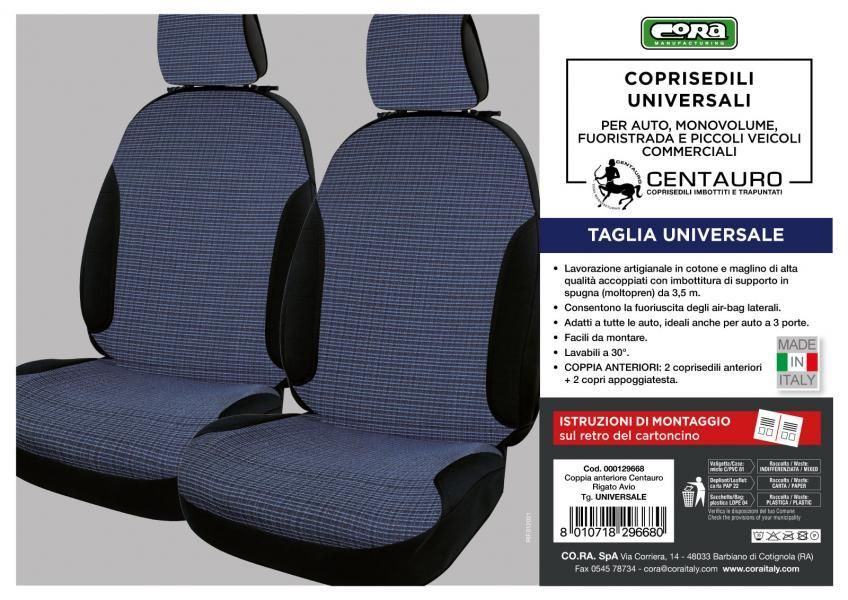 Cora Centauro front seat covers, universal size, air force blue striped cotton blend fabric