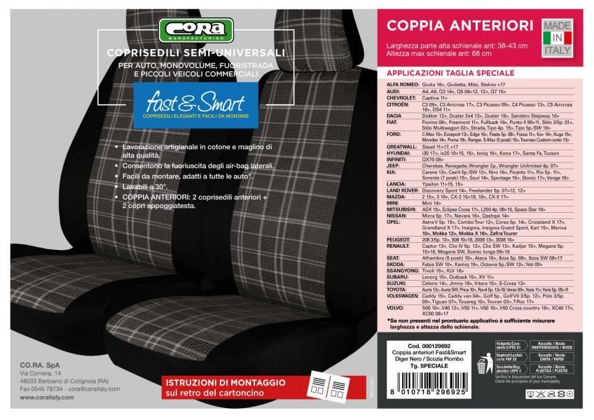 Fundas de asientos delanteros Cora Fast&Smart, tamaño especial, tejido de mezcla de algodón color plomo