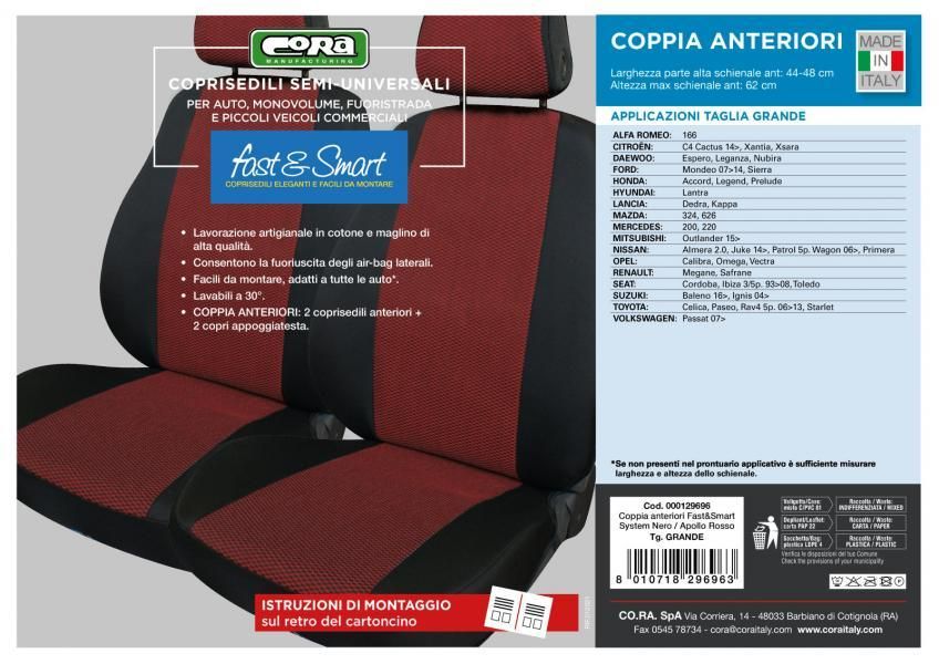 Cora Coprisedili anteriori Fast&Smart tg. grande tessuto misto cotone rosso/nero