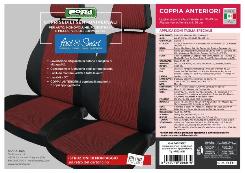 Fundas de asientos delanteros Cora Fast&Smart, tamaño especial, tejido de mezcla de algodón rojo y negro