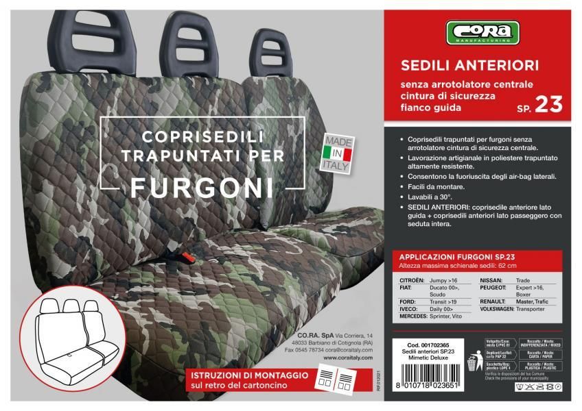 Fundas de asiento para furgoneta Cora, tamaño SP23, tela de poliéster acolchada con camuflaje