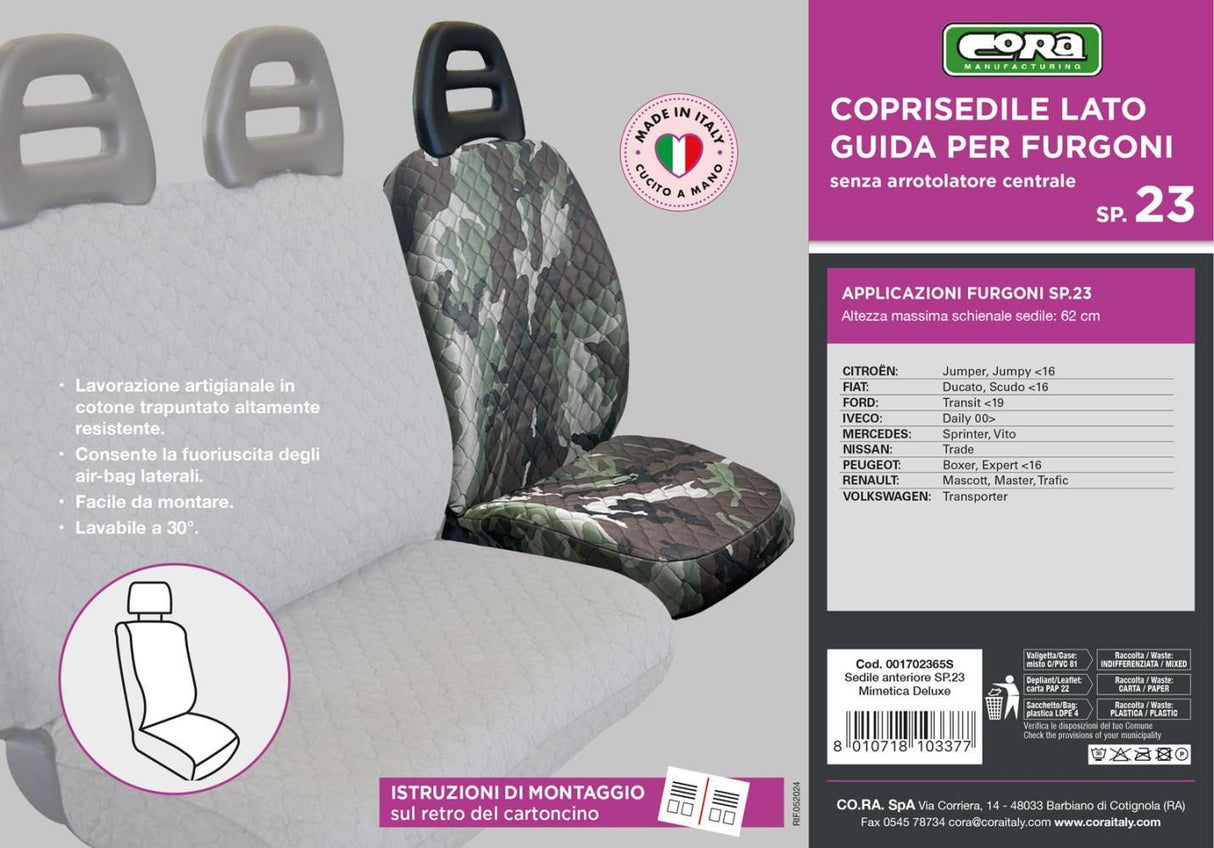Funda de asiento de conductor Cora SP23 para furgonetas, tejido de poliéster acolchado con camuflaje