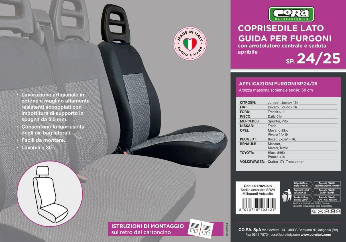 Cora Coprisedile auto lato guida per furgoni SP24/SP25 tessuto misto cotone nero