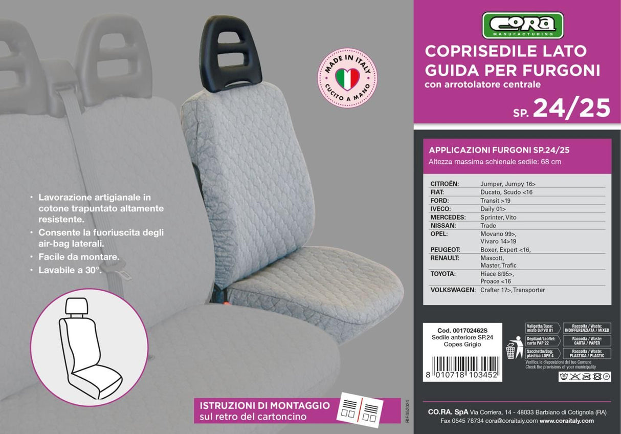 Cora Driver's seat cover for SP24/SP25 vans, grey quilted cotton fabric