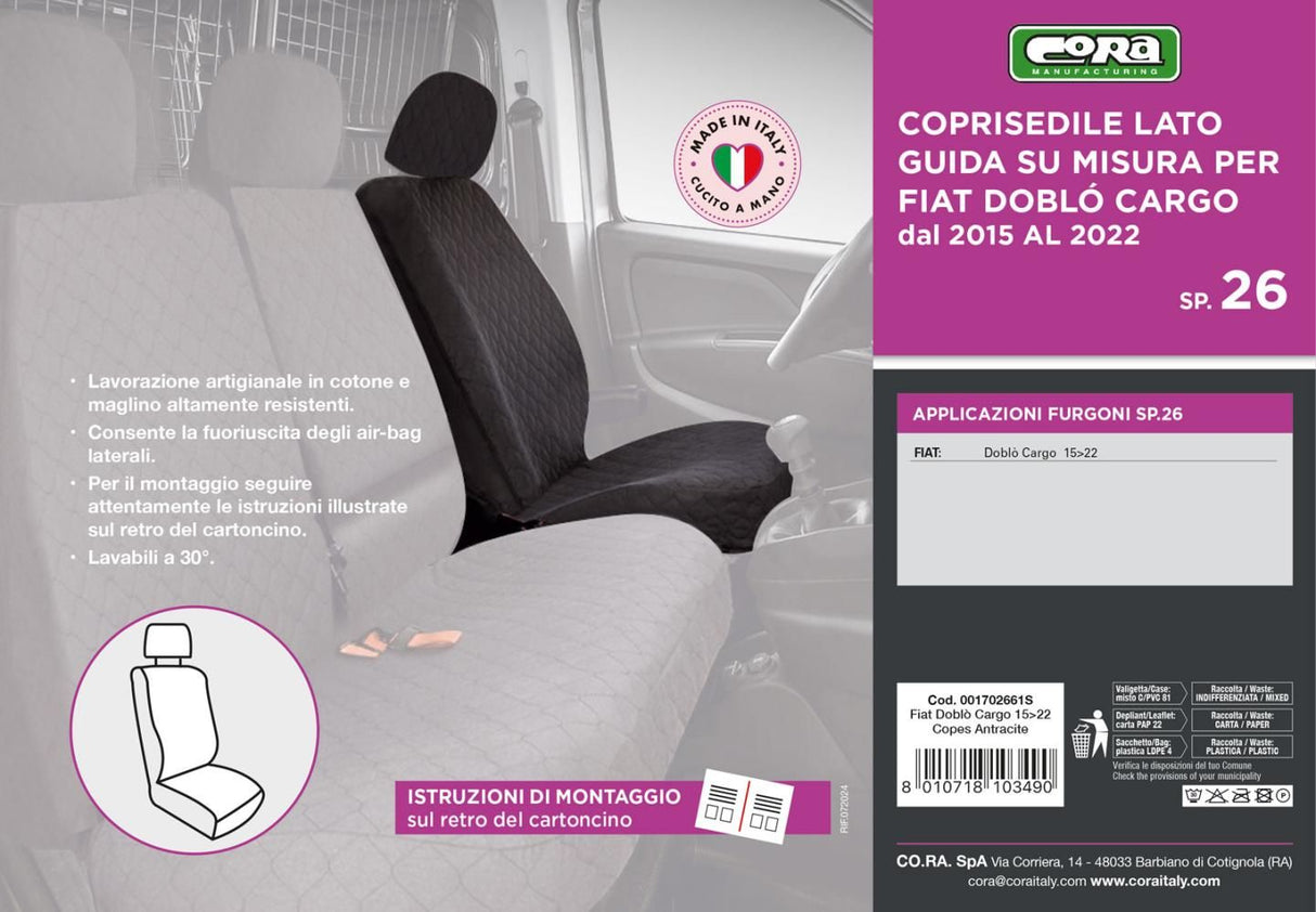 Cora SP26 Driver's Seat Cover for Vans, Anthracite Quilted Cotton Fabric