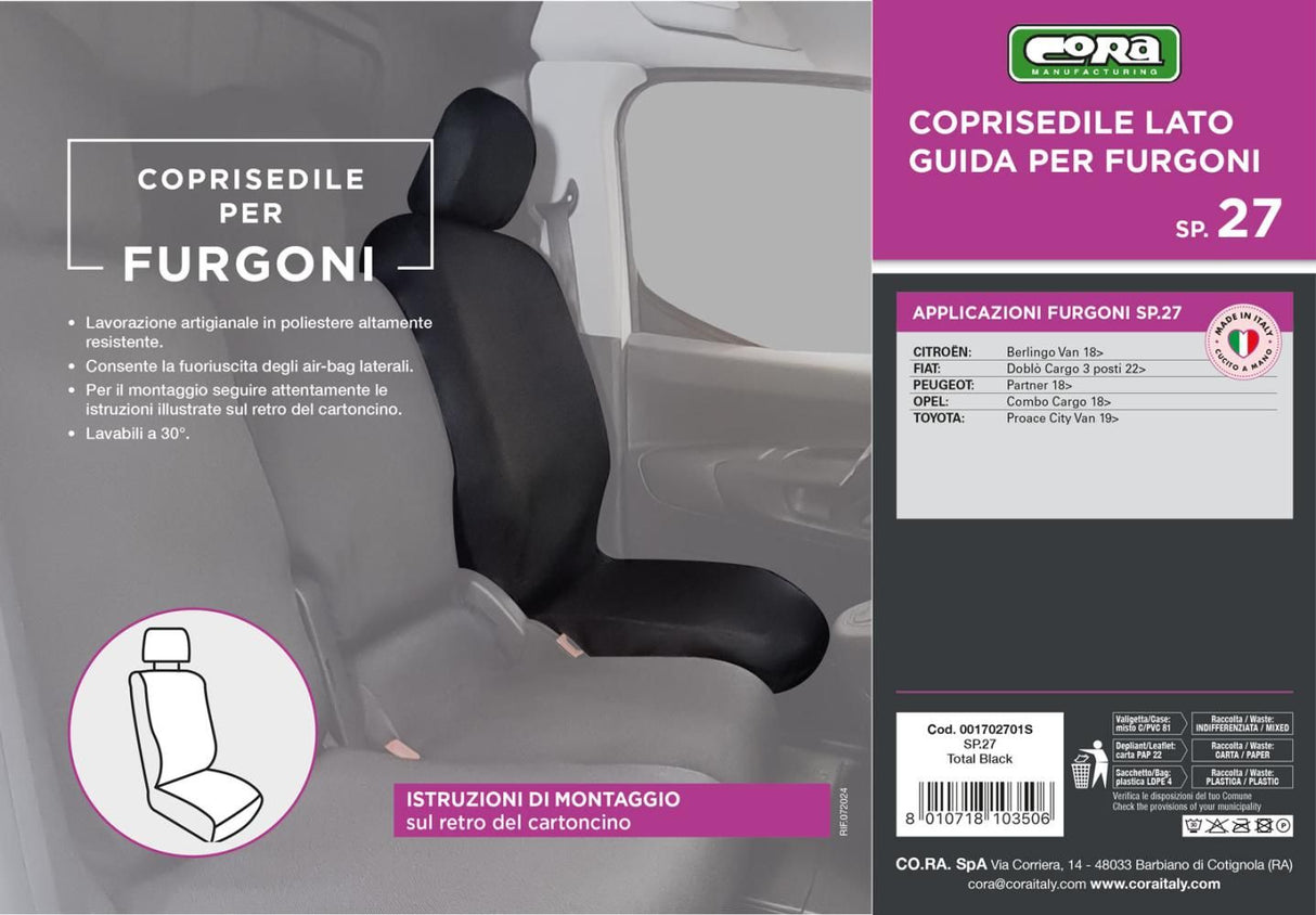Cora SP27 Driver's Side Van Seat Cover in Black Polyester Fabric