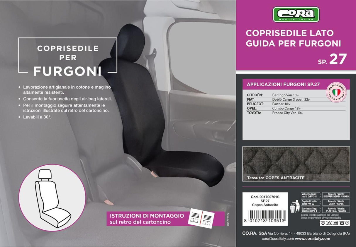 Cora Coprisedile lato guida per furgoni SP27 tessuto cotone trapuntato antracite