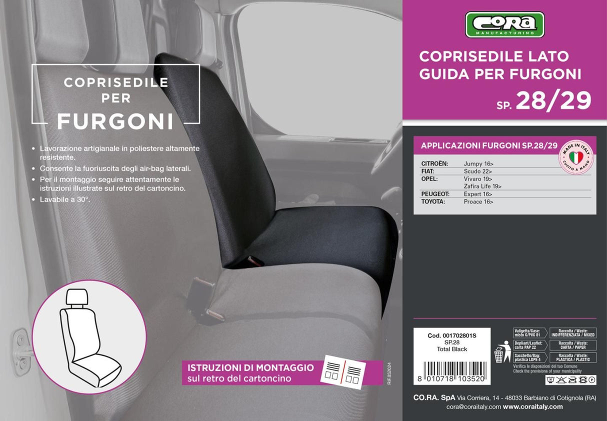 Cora Coprisedile auto lato guida per furgoni SP28/SP29 tessuto poliestere nero
