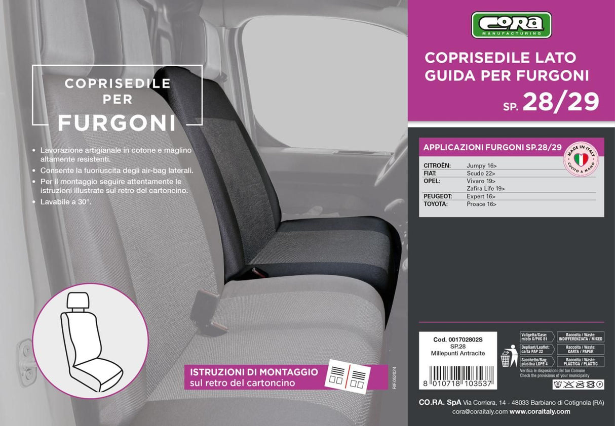 Cora Coprisedile auto lato guida per furgoni SP28/SP29 tessuto misto cotone nero