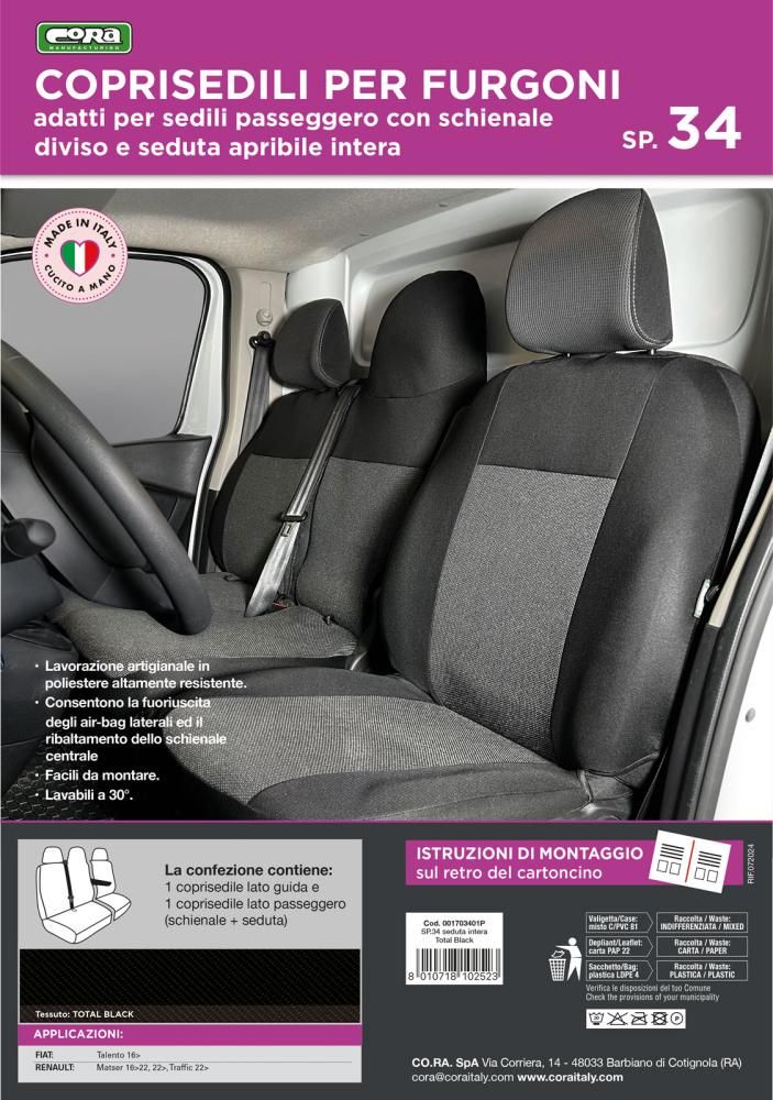 Fundas de asiento para furgoneta Cora Sp34 con asiento de banco S/Int. Negro total