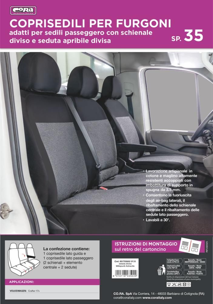 Fundas para asientos de furgoneta Cora Manufacturing, talla SP35, asiento dividido, abatibles, tela de mezcla de algodón negra