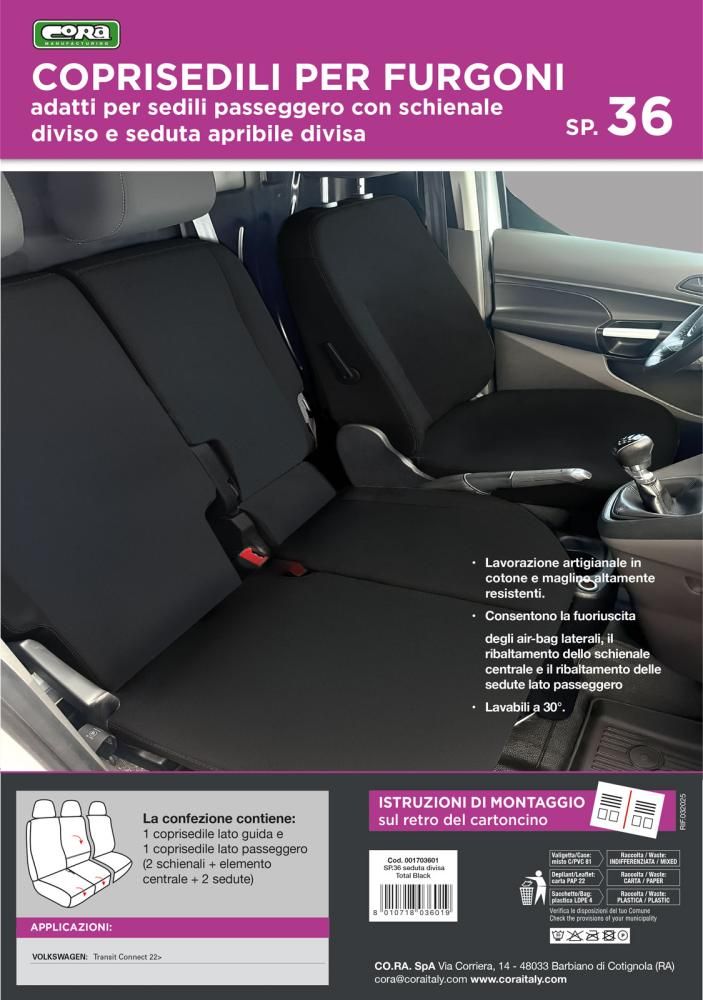 Fundas para asientos de furgoneta Cora Manufacturing, tamaño SP36, asiento dividido, abatibles, tela de poliéster negra