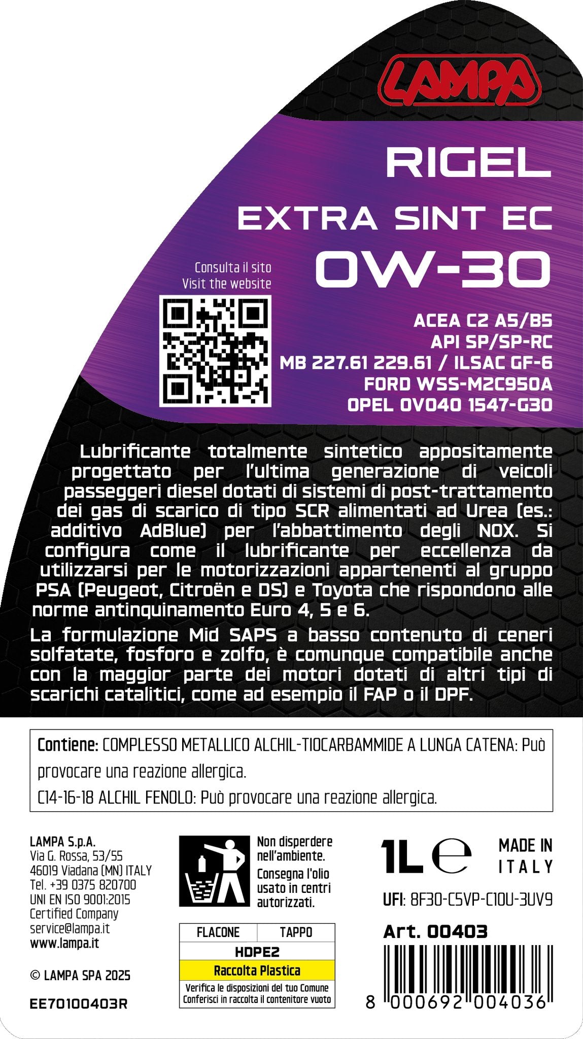 Lampa Rigel Extra Sint EC 0W-30, olio motore auto - 1 L 00403
