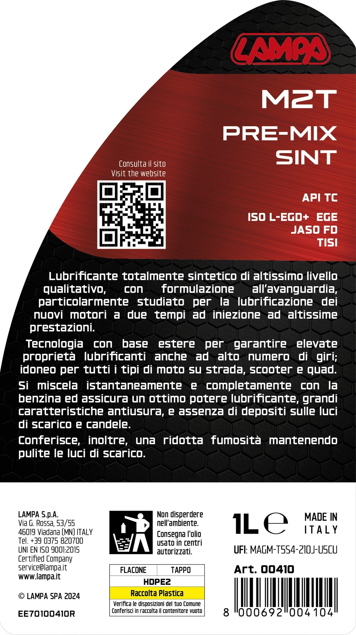 Lampa M2T Pre-Mix Sint, olio per miscela moto 2 tempi - 1 L 00410