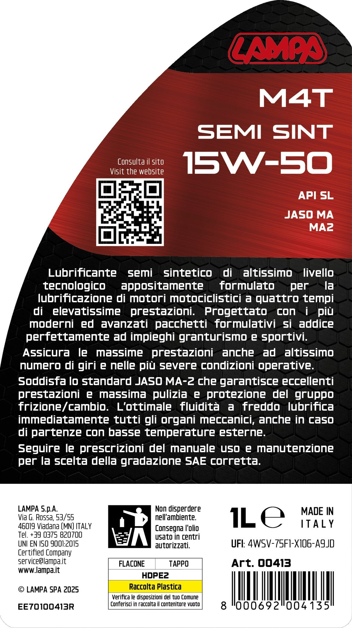 Lampa M4T Semi Sint 15W-50, olio motore moto 4 tempi - 1 L 00413