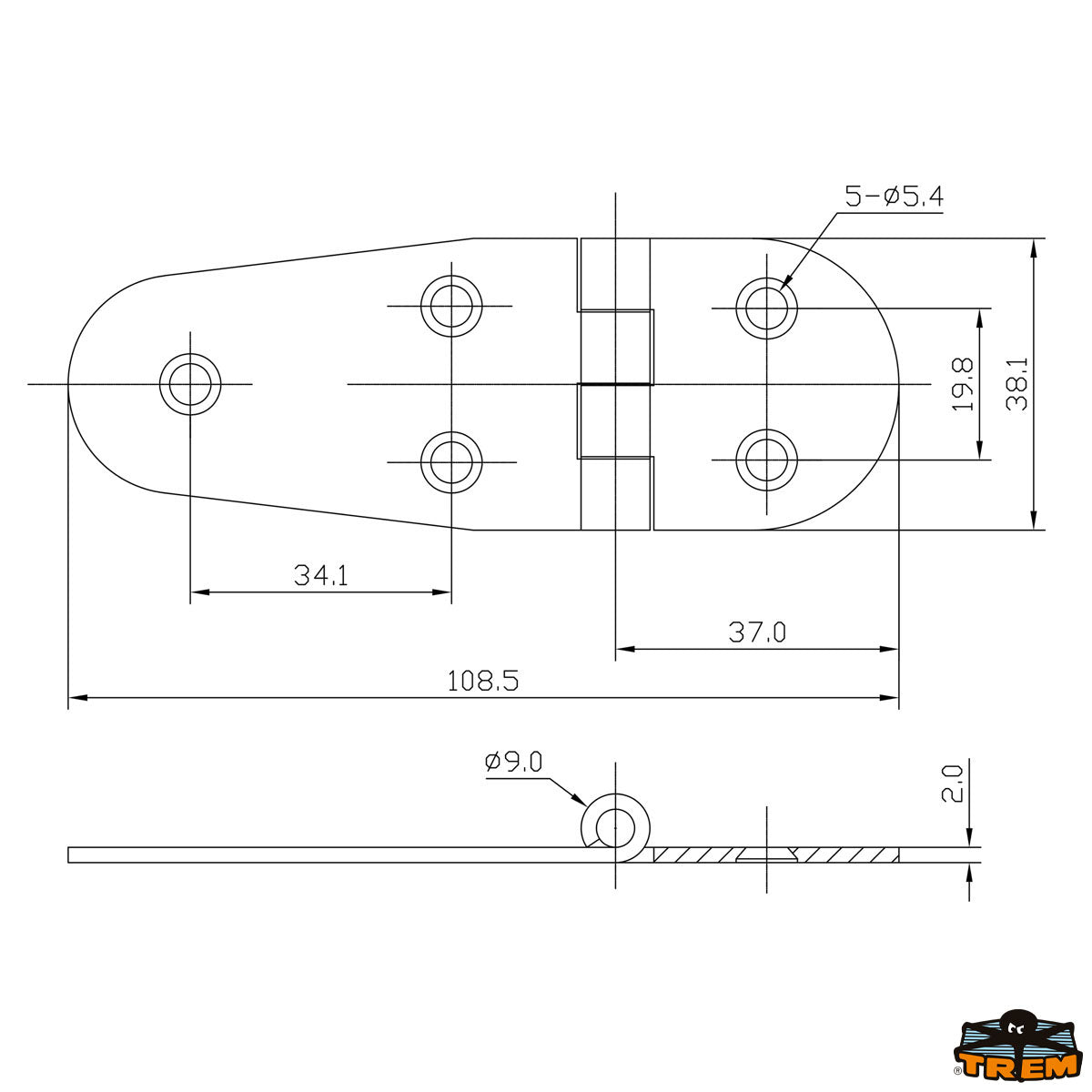 Trem Cerniera inox AISI 316 38x109 mm