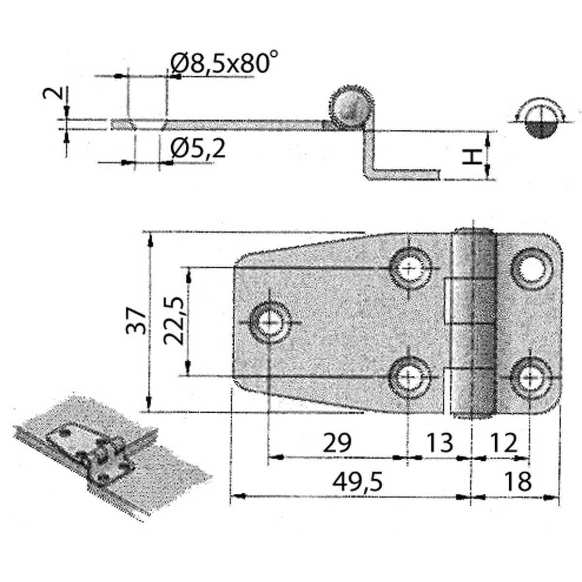 Bisagra Trem de acero inoxidable Peso del paquete Kg 0,33 H. mm 10 6 uds