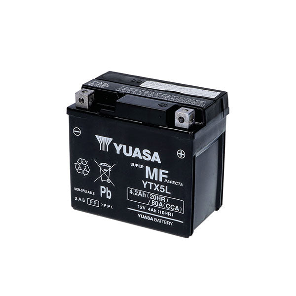 YUASA YTX5L Motorradbatterie (versiegelt und aktiviert – werkseitig versiegelt) 12 V/4 Ah