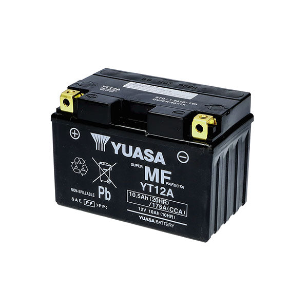 YUASA YT12A Motorradbatterie (versiegelt und aktiviert – werkseitig versiegelt) 12 V/9,5 Ah
