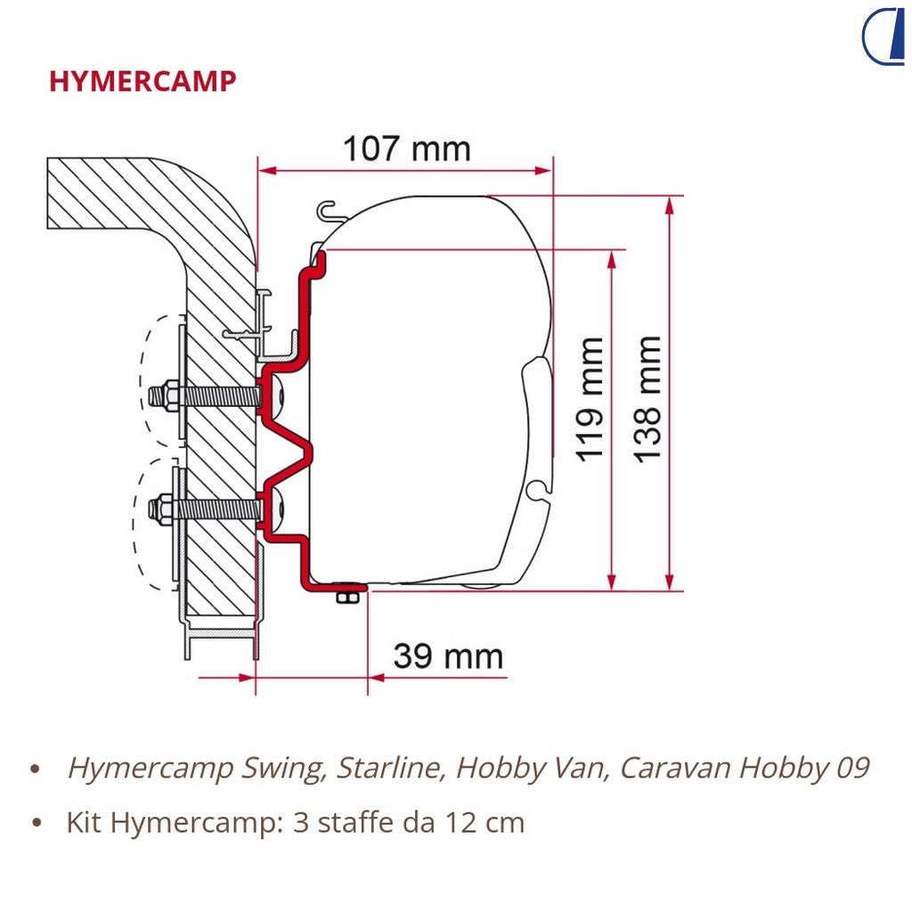 Fiamma Kit montaggio tendalino F45 per Hymercamp – 3 staffe da 12 cm