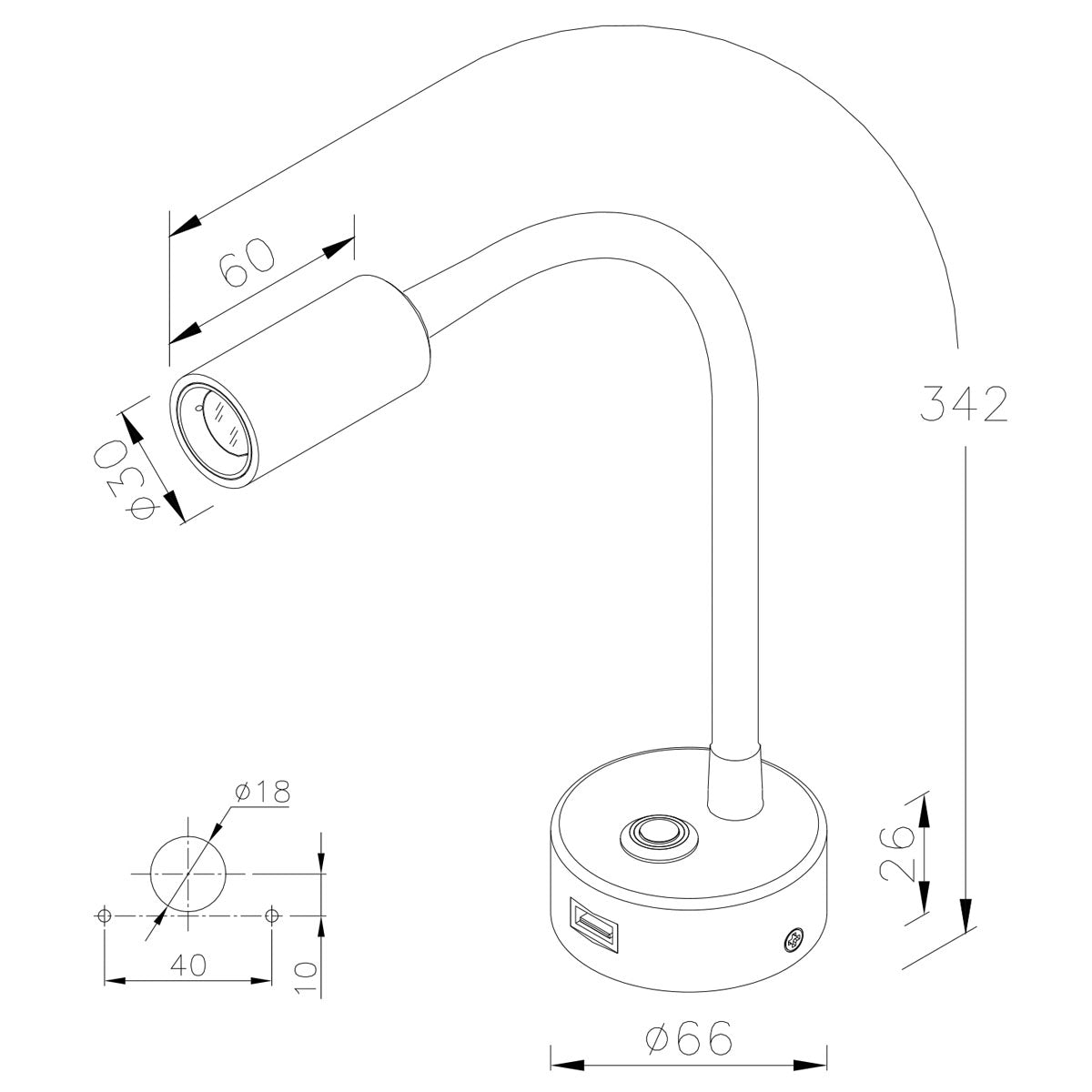 Aurora Lighting Faretto a LED snodato con presa USB