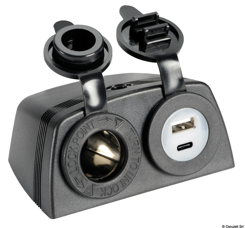 Toma de mechero Osculati + USB-A + USB-C con carenado 14.516.14