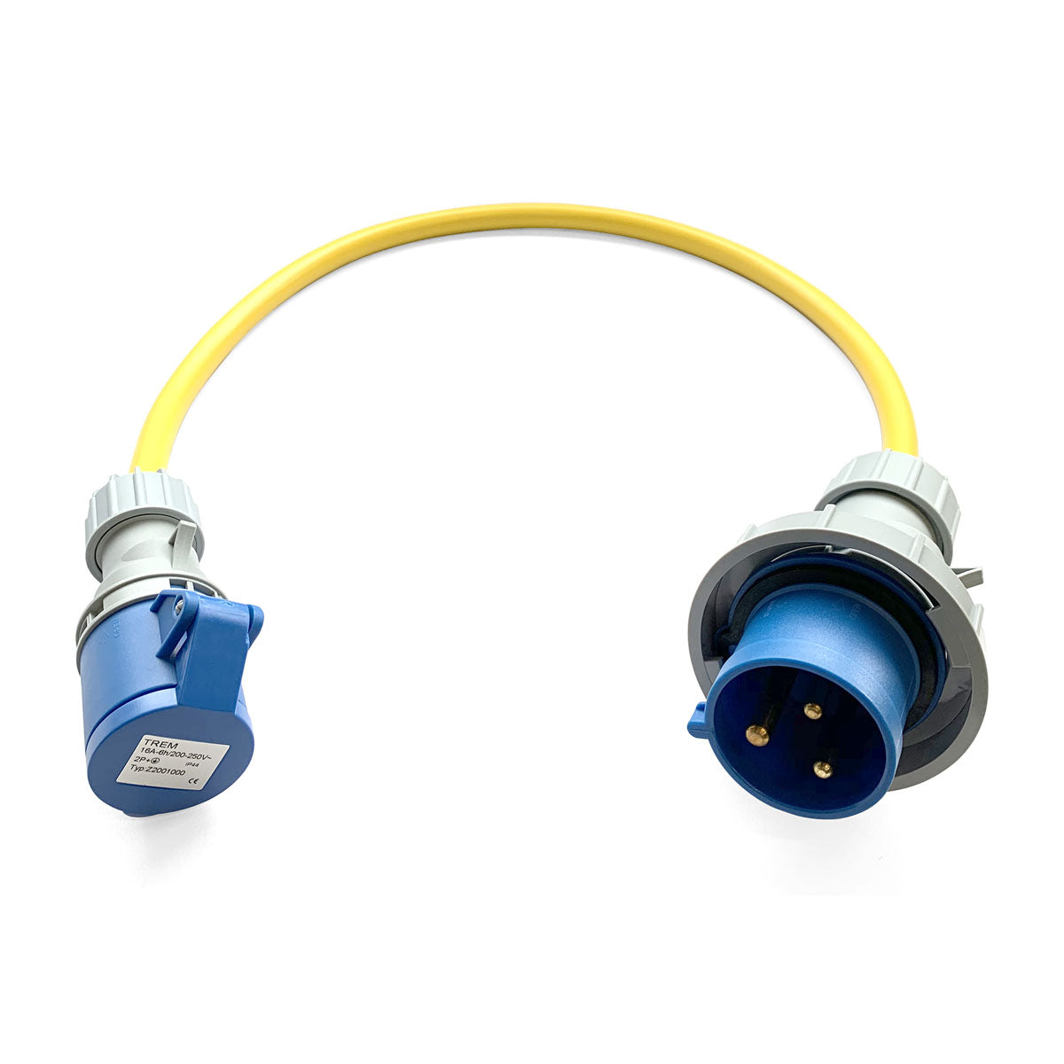 Wasserdichter CE-Verlängerungsadapter von Electra, hergestellt von einer 16-A-Steckdose auf einen 32-A-Stecker.