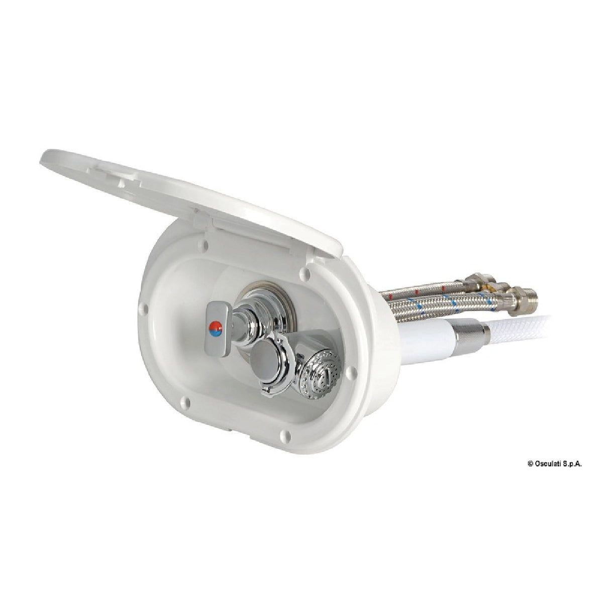 Cabina de ducha Osculati Oval, tubo PVC blanco, grifo monomando y pulsador ducha Mizar 15.240.01