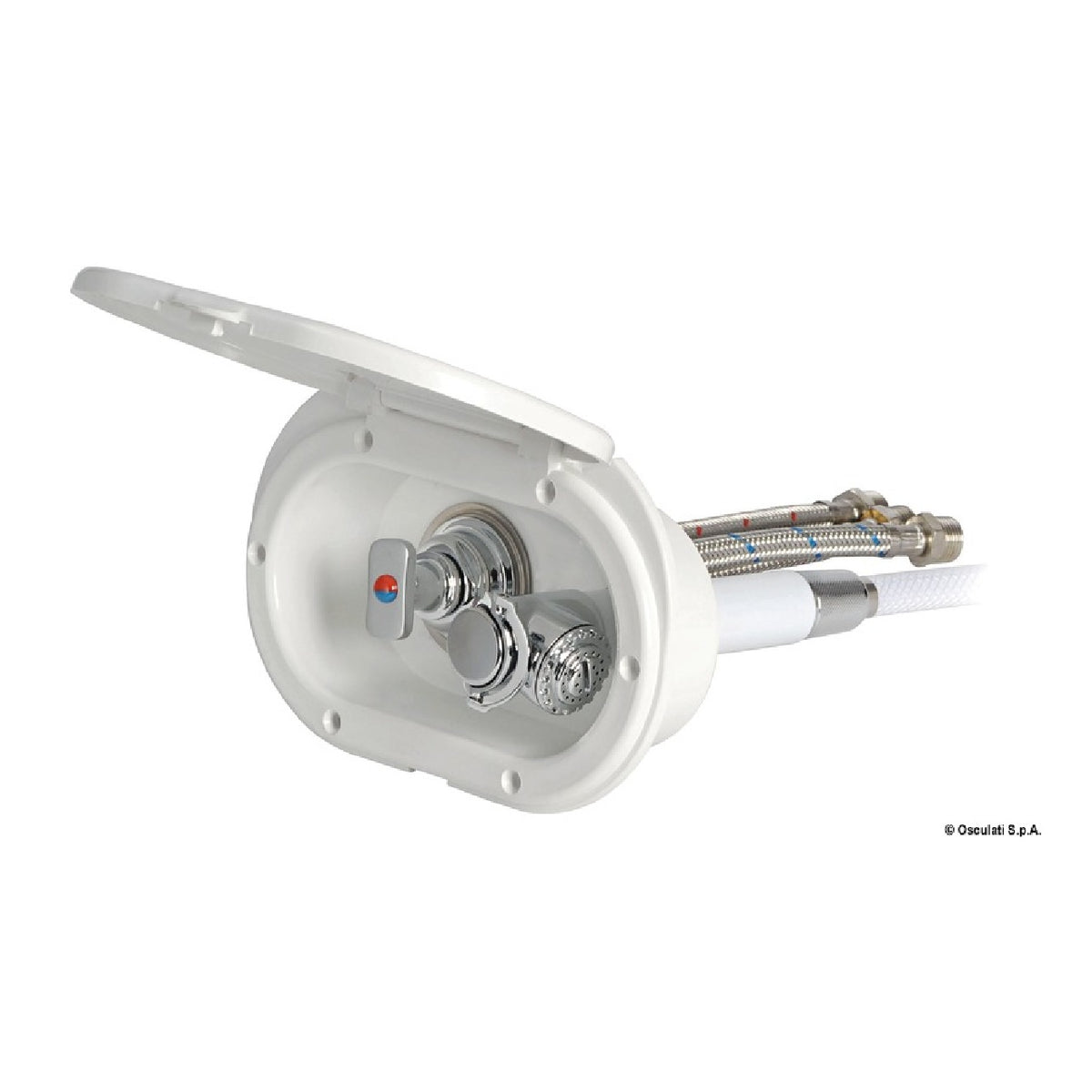 Cabina de ducha Osculati Oval, tubo PVC blanco, grifo monomando y pulsador ducha Mizar 15.240.01