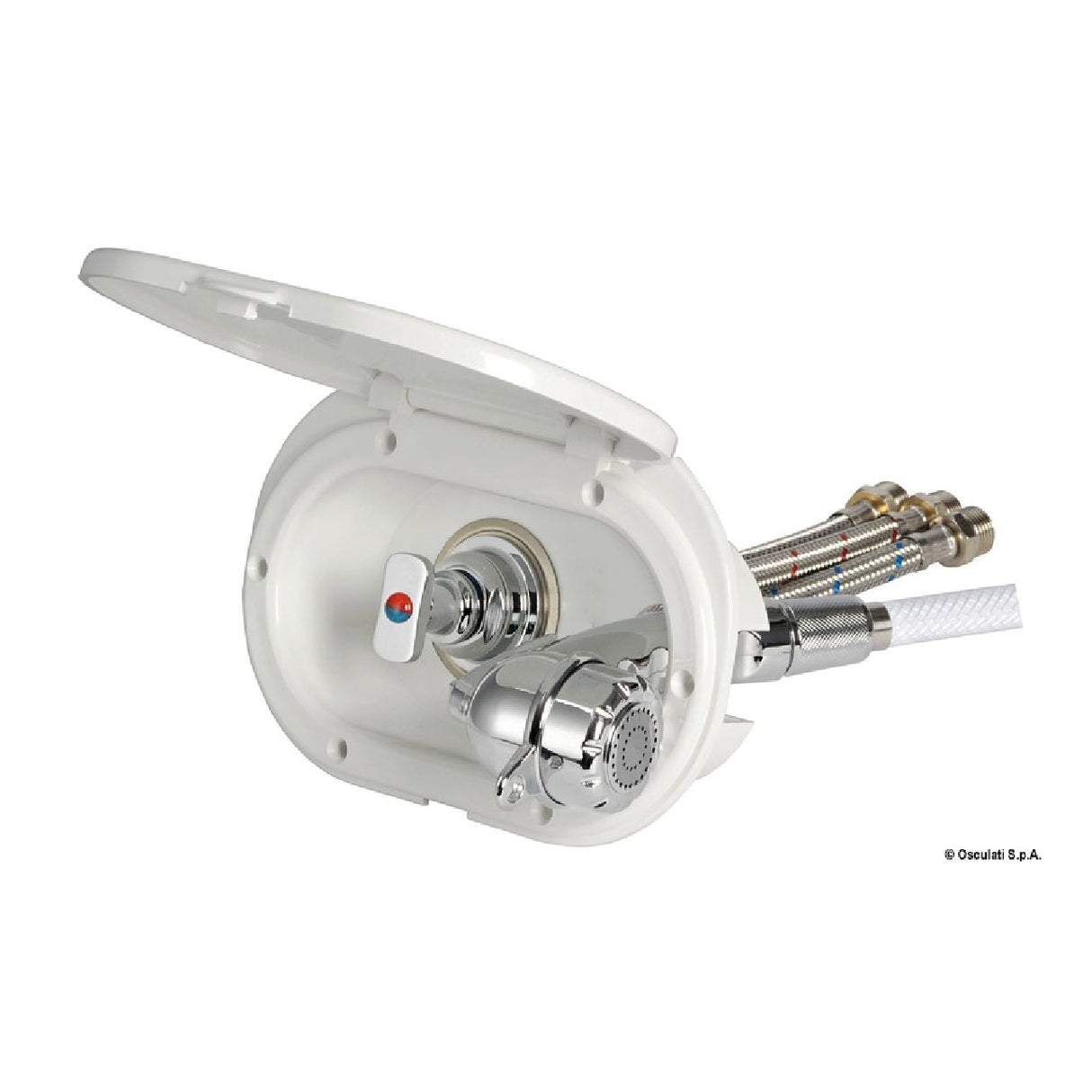 Cabina de ducha Osculati Oval, tubo PVC blanco, grifo monomando y pulsador ducha Mizar 15.240.01