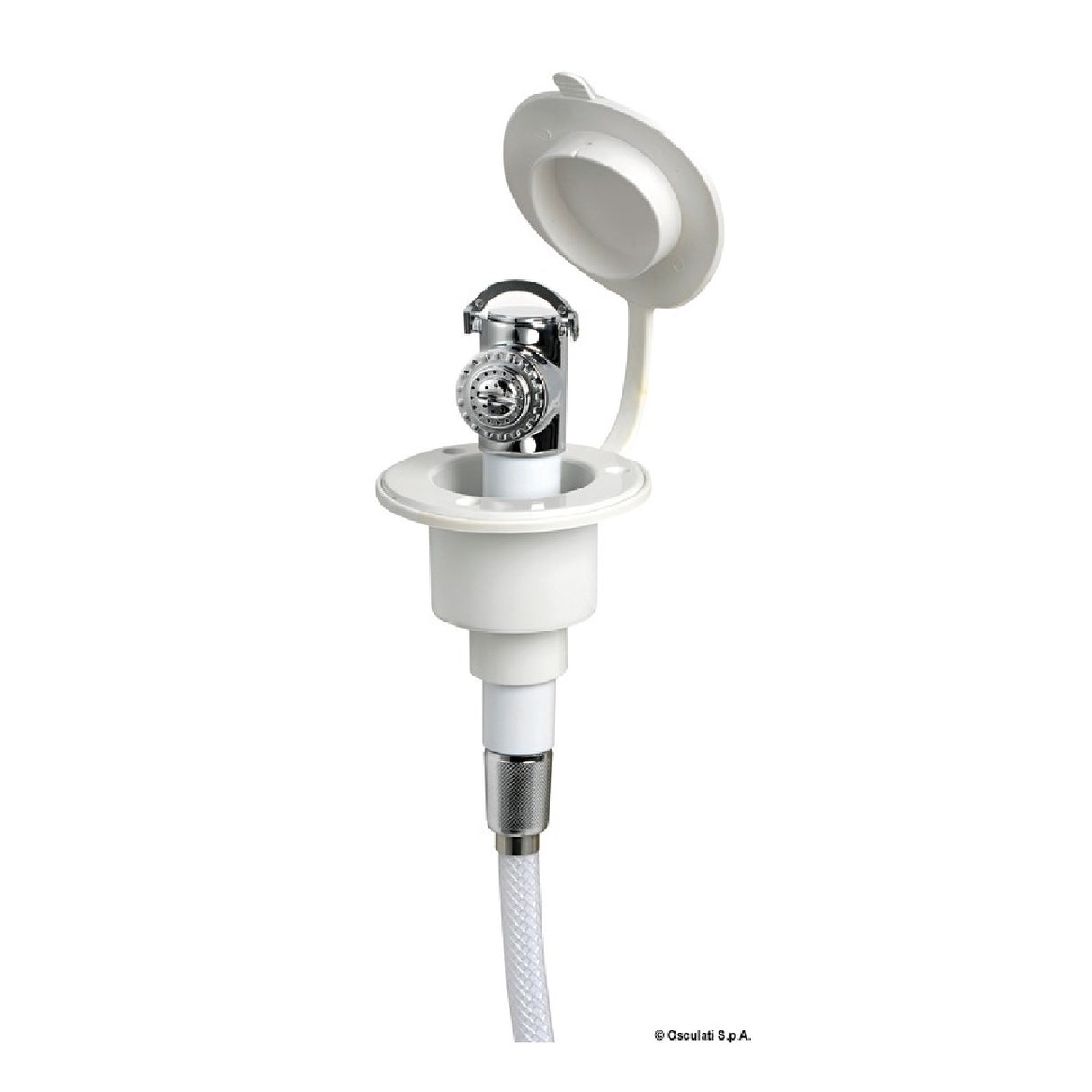 Rociador de ducha con pulsador Osculati MIZAR, base blanca, manguera de PVC de 4 m, plano 15.242.01