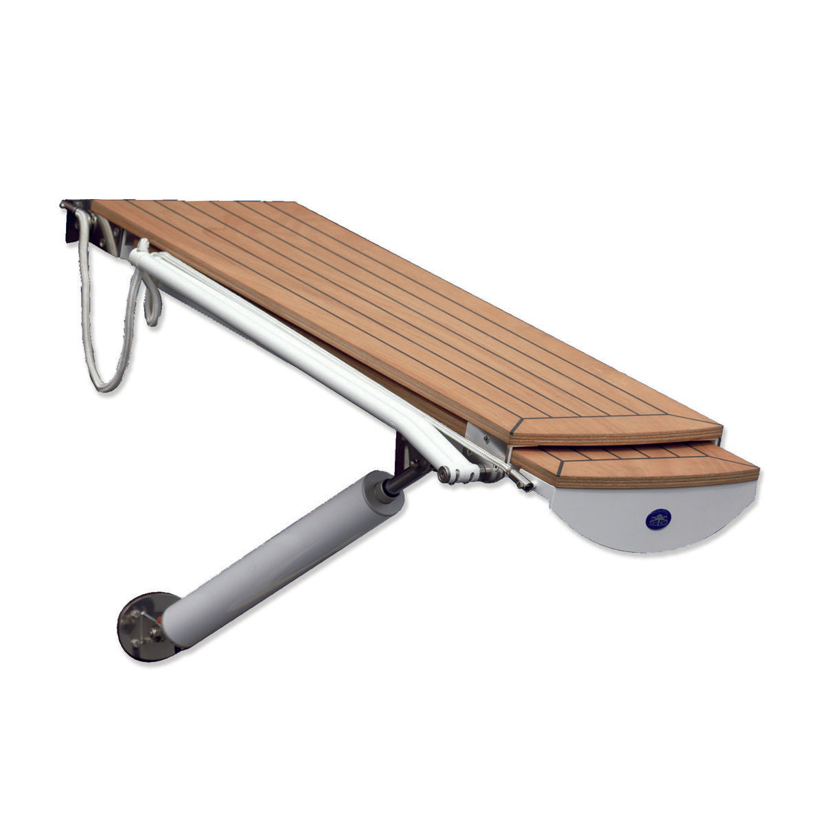 Elektrischer 12-V-Teleskopsteg von Trem mit Holzplattform, 210 cm (offen).