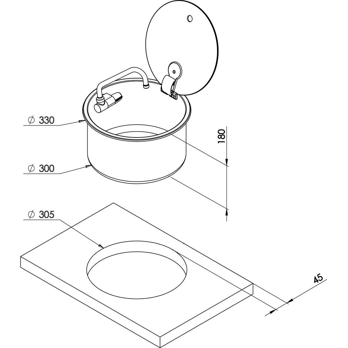 Lavello Rondo Dose mit Klapphahn und Deckel aus getöntem Sicherheitsglas, Modell LR1751