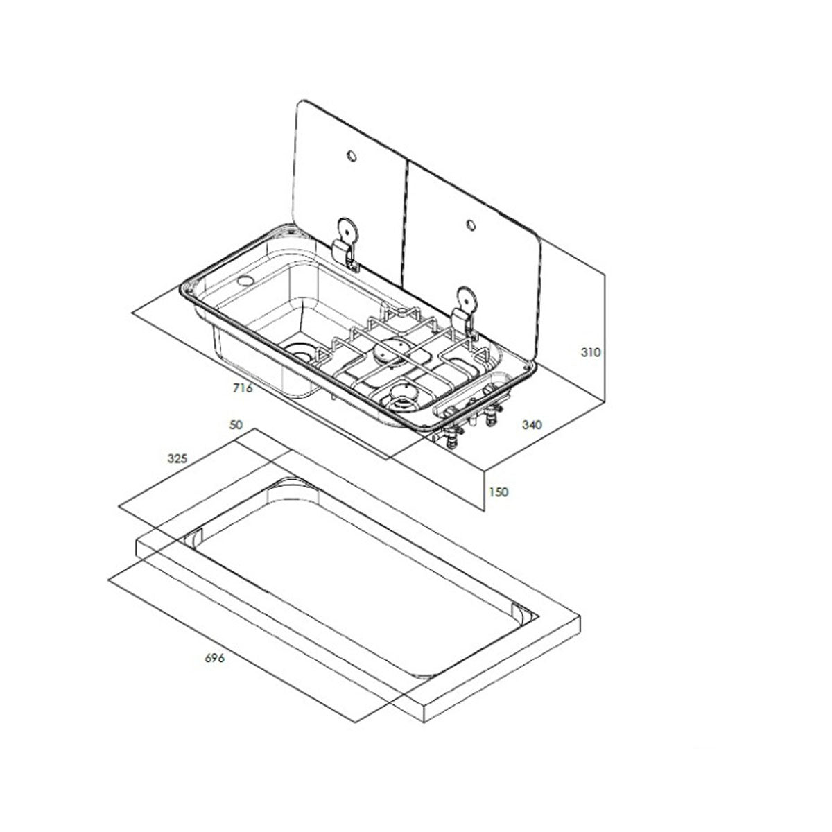 Placa de cocina de 2 fuegos con tapa de cristal templado ahumado de dos piezas, lado derecho, con desagüe y grifo incluidos.