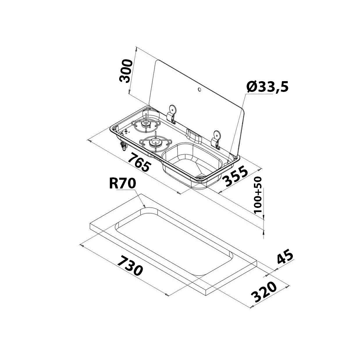 Can Hob with smoked tempered glass lid model FL1770 complete with drain and taps