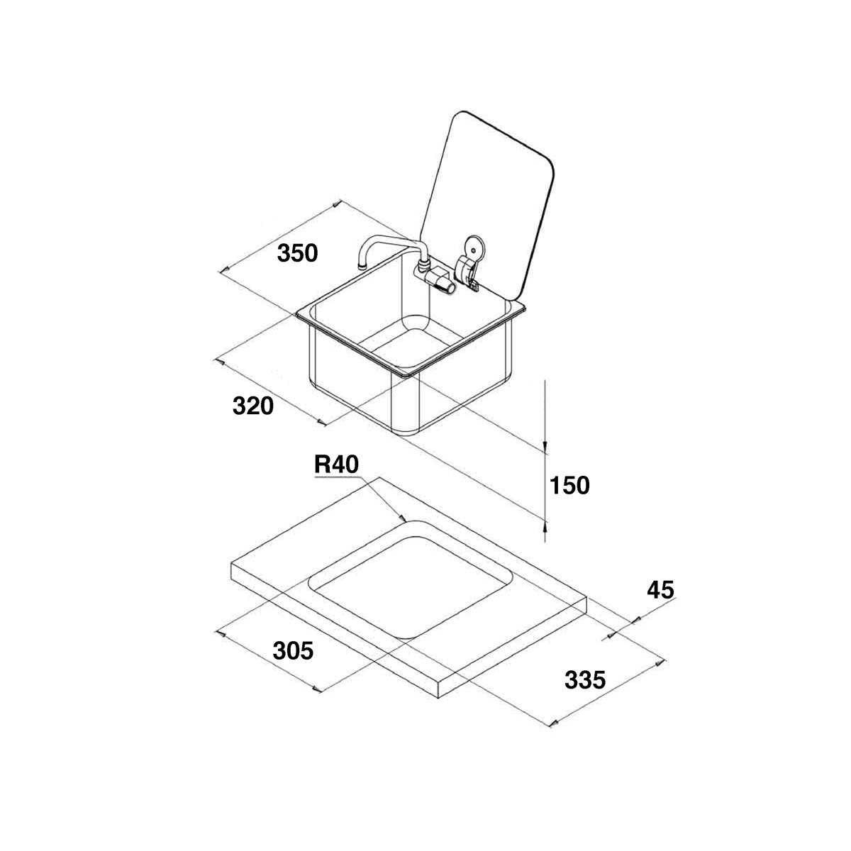 Can Rectangular Sink with Folding Faucet and Smoked Glass Lid LR1760