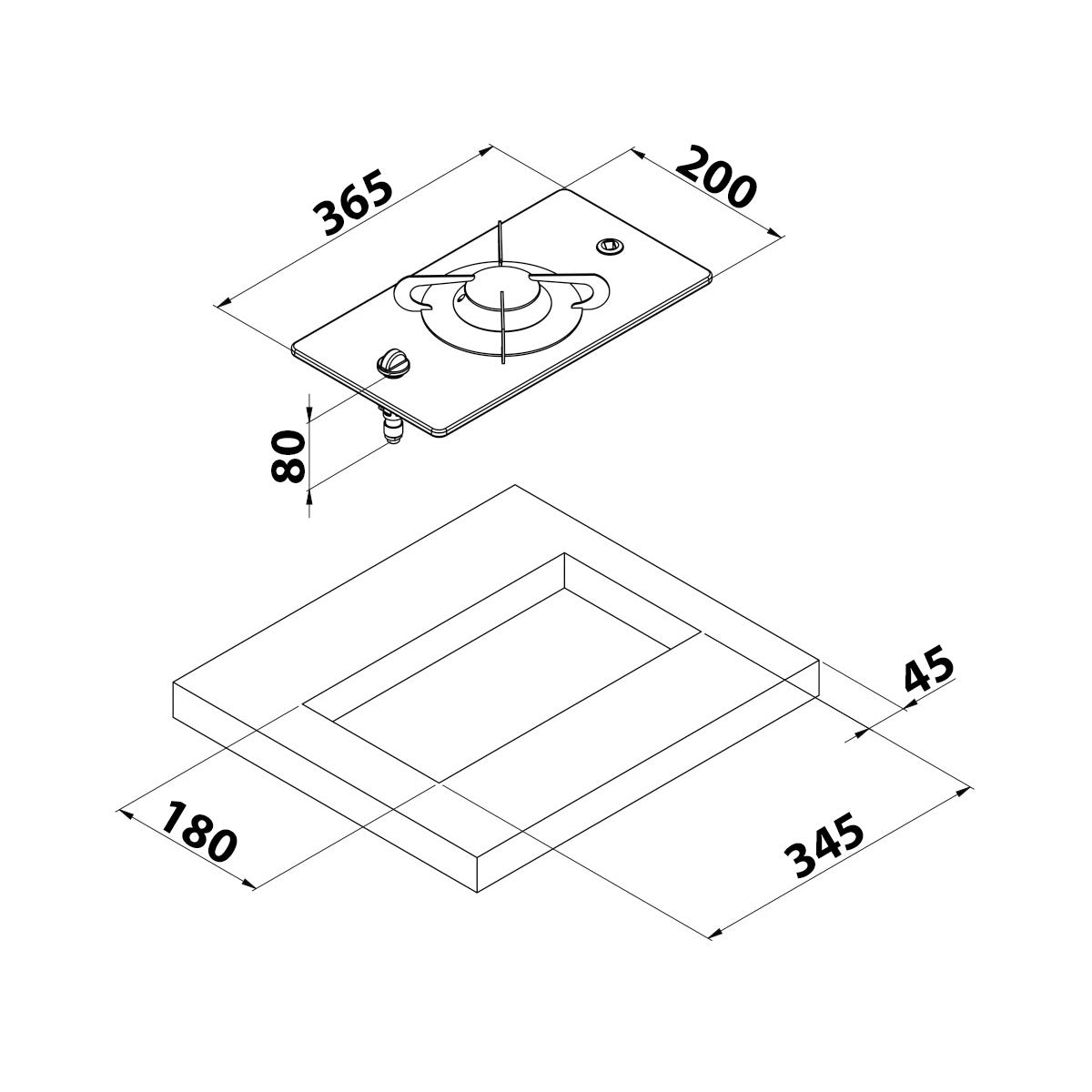 Can Einbau-Gaskochfeld aus Glas mit 1 Brenner, Modell PV1350