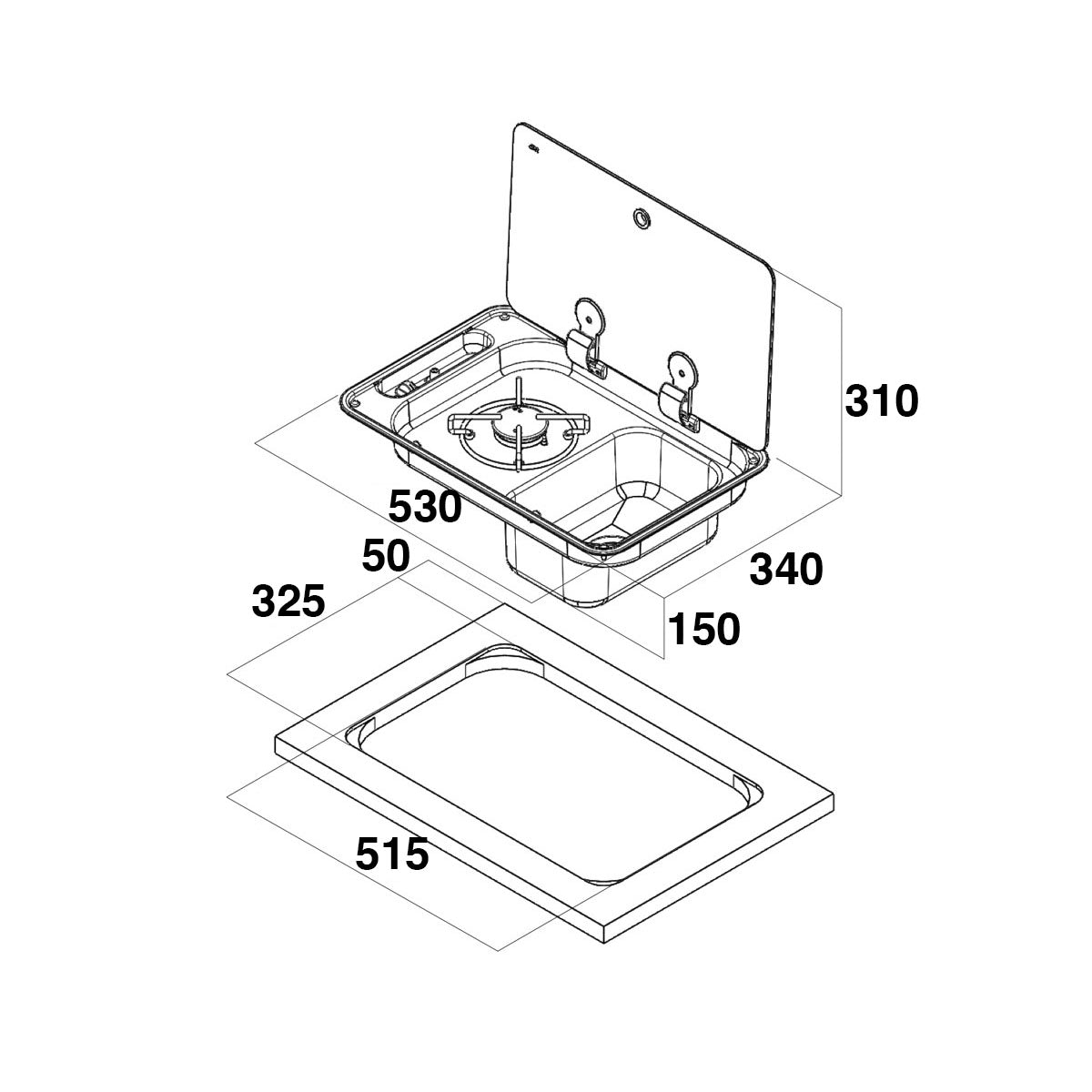 Kann 1-Flammen-Kochfeld mit vollständig geräuchertem Deckel aus gehärtetem Glas, Modell FL1323