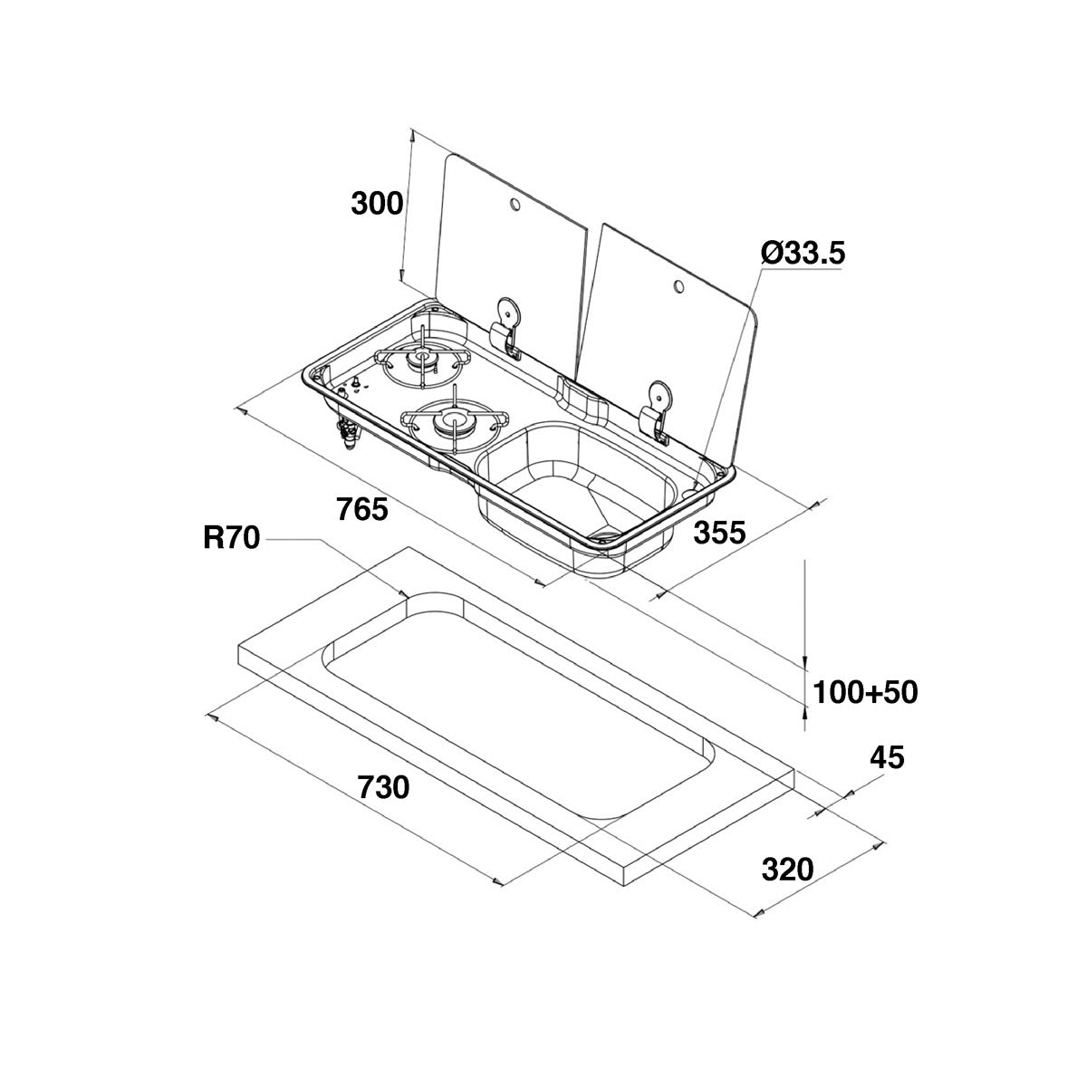 Can FL1765 Piano cottura 2 fuochi con coperchio in vetro temperato fumé in due parti modello FL1765 completa di piletta e rubinetti